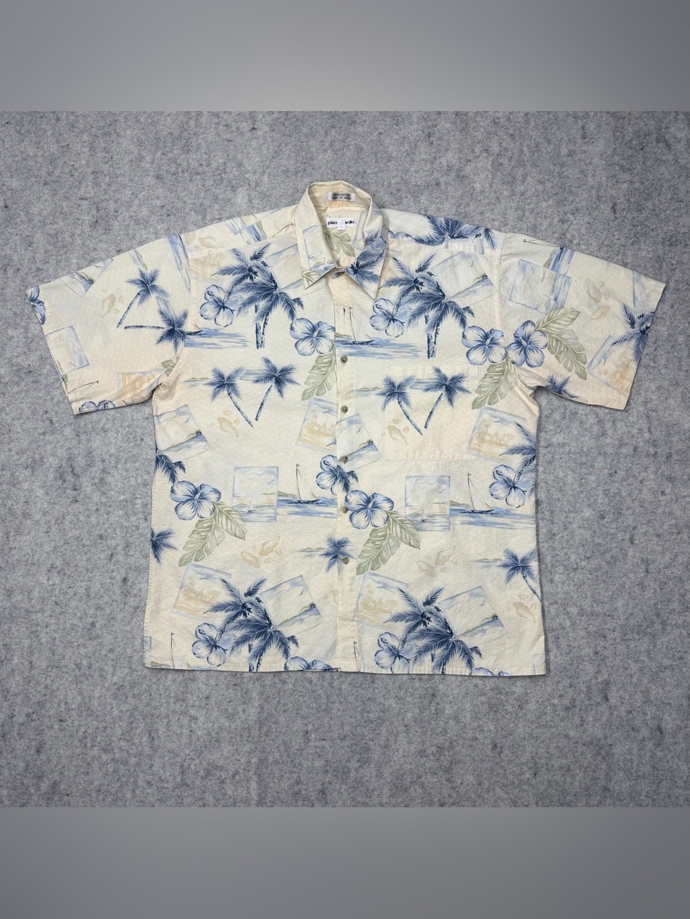Cardin Vintage 90s Mens Large Hawaiian Shirt Cotton Tropical Sailboat Blue